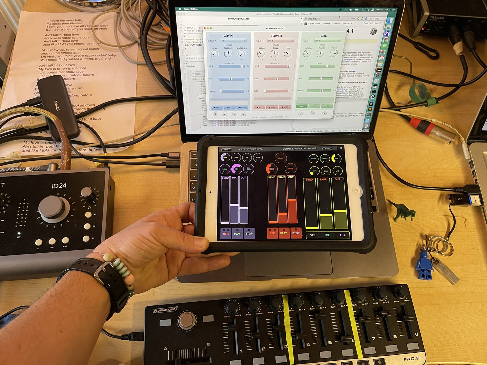 Guitar Engine running live, TouchOSC controller and SuperCollider code